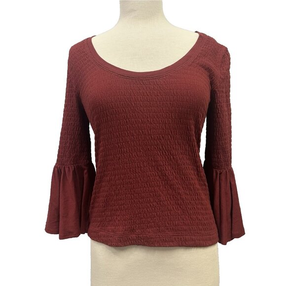 Anthropologie Tops - Anthropologie Smocked Bell Sleeve Top Women’s Small Wine Burgundy Textured Knit